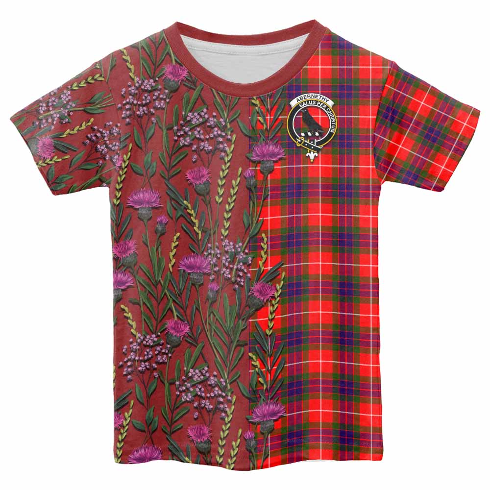 Abernethy Family Crest Tartan Kid T-shirt Scottish Thistle Flower Pattern Half Style - Tartan Vibes Clothing