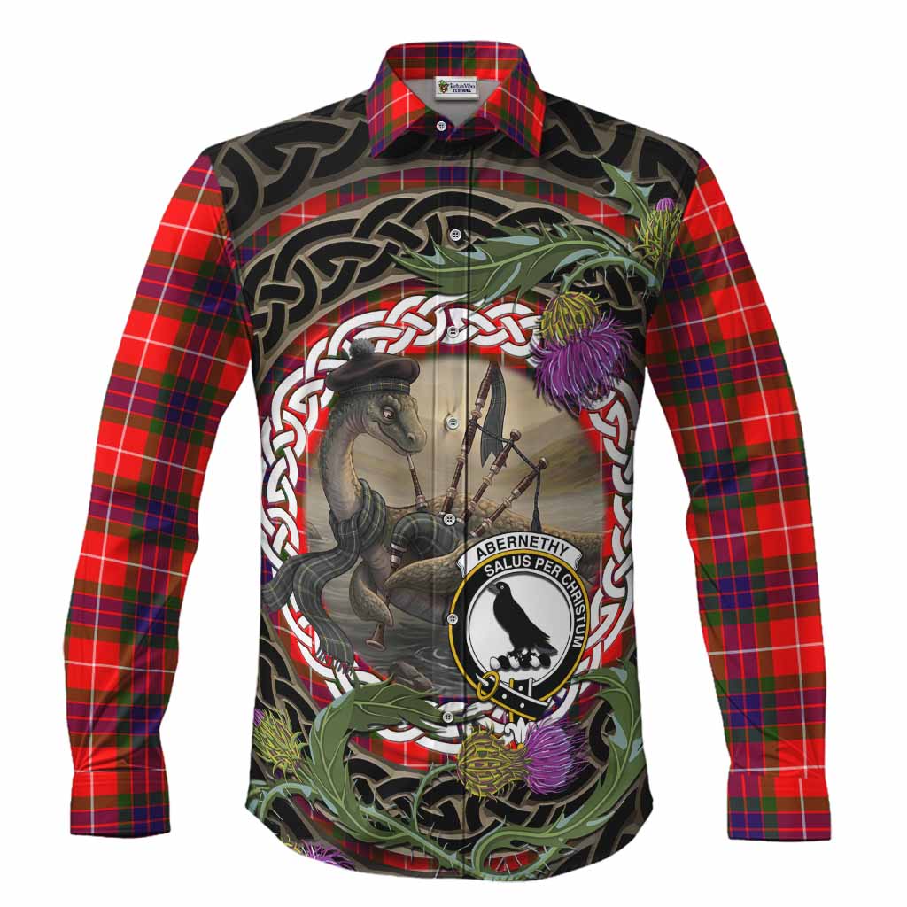Abernethy Tartan Crest Bagpipe Nessie Long Sleeve Button Shirts Scottish Loch Ness Monster Celtic Thistle