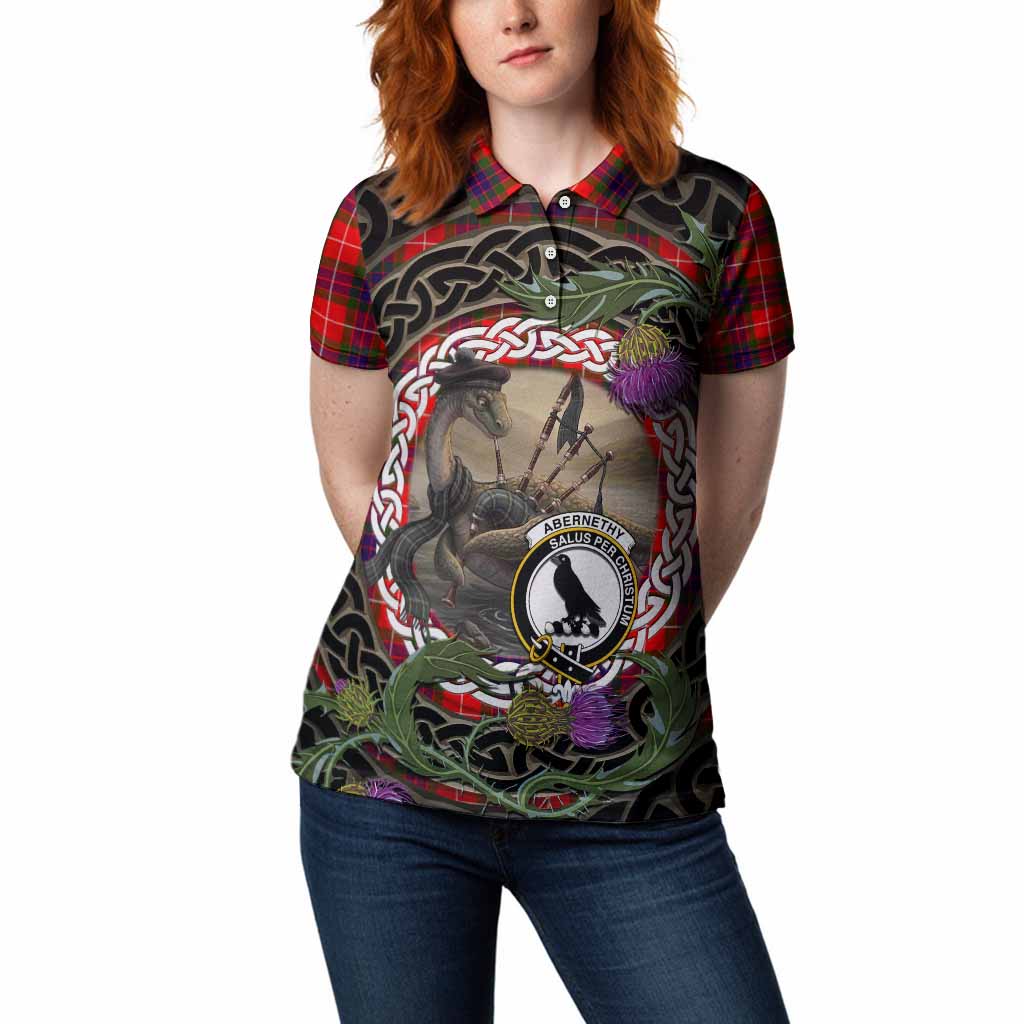 Abernethy Tartan Crest Bagpipe Nessie Women Polo Shirt Scottish Loch Ness Monster Celtic Thistle
