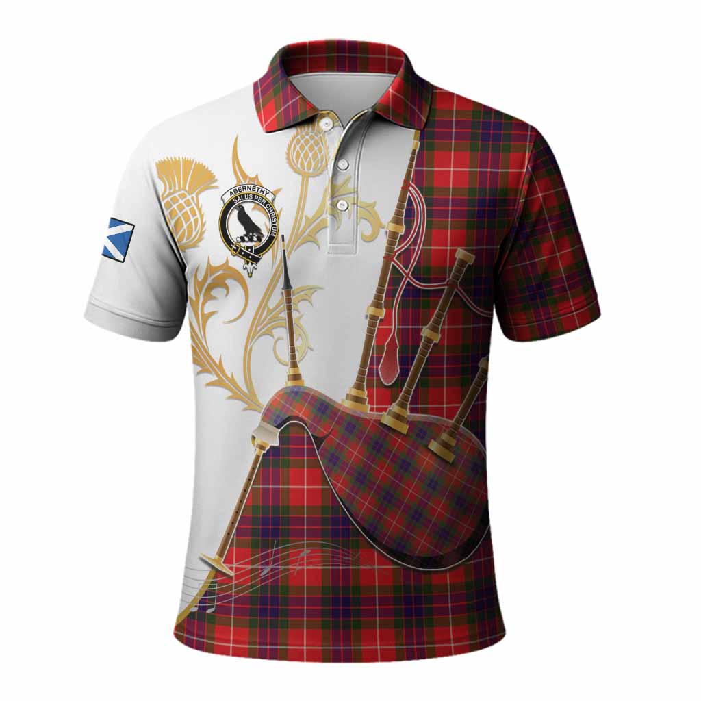 Abernethy Tartan Family Crest Polo Shirt Bagpipes with Scottish Thistle