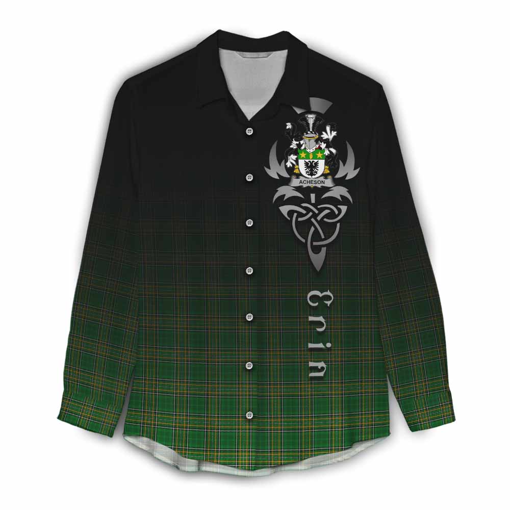 Tartan Vibes Clothing Acheson Irish Clan Women's Casual Shirt with Coat of Arms Erin Go Bragh Celtic Inspired