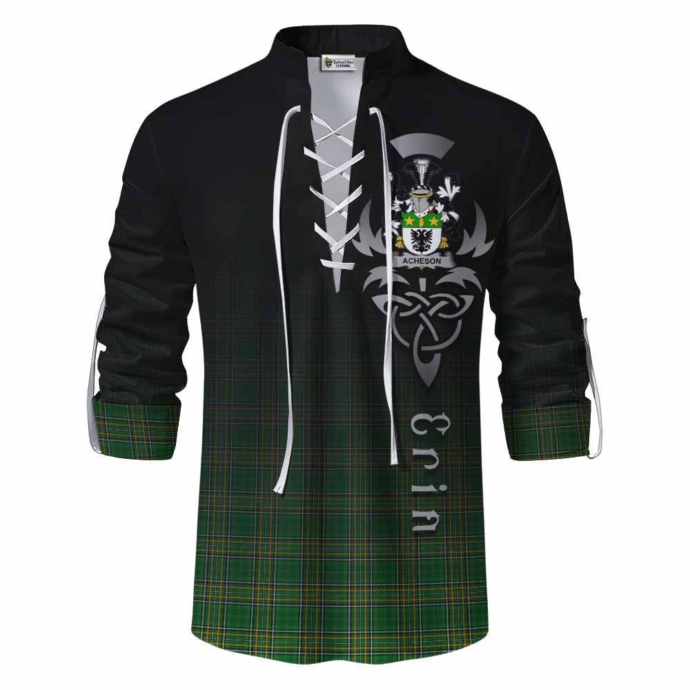 Tartan Vibes Clothing Acheson Irish Clan Ghillie Kilt Shirt with Coat of Arms Erin Go Bragh Celtic Inspired
