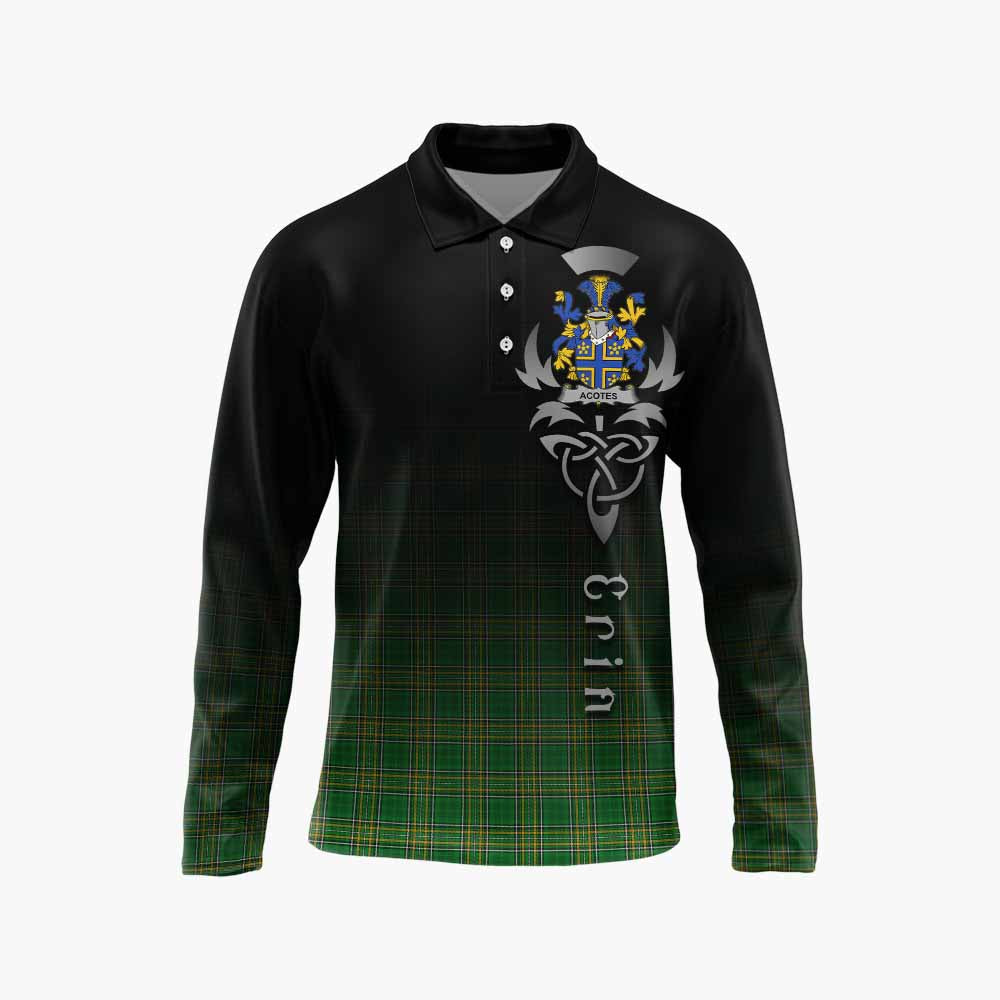 Tartan Vibes Clothing Acotes Irish Clan Long Sleeve Polo Shirt with Coat of Arms Erin Go Bragh Celtic Inspired
