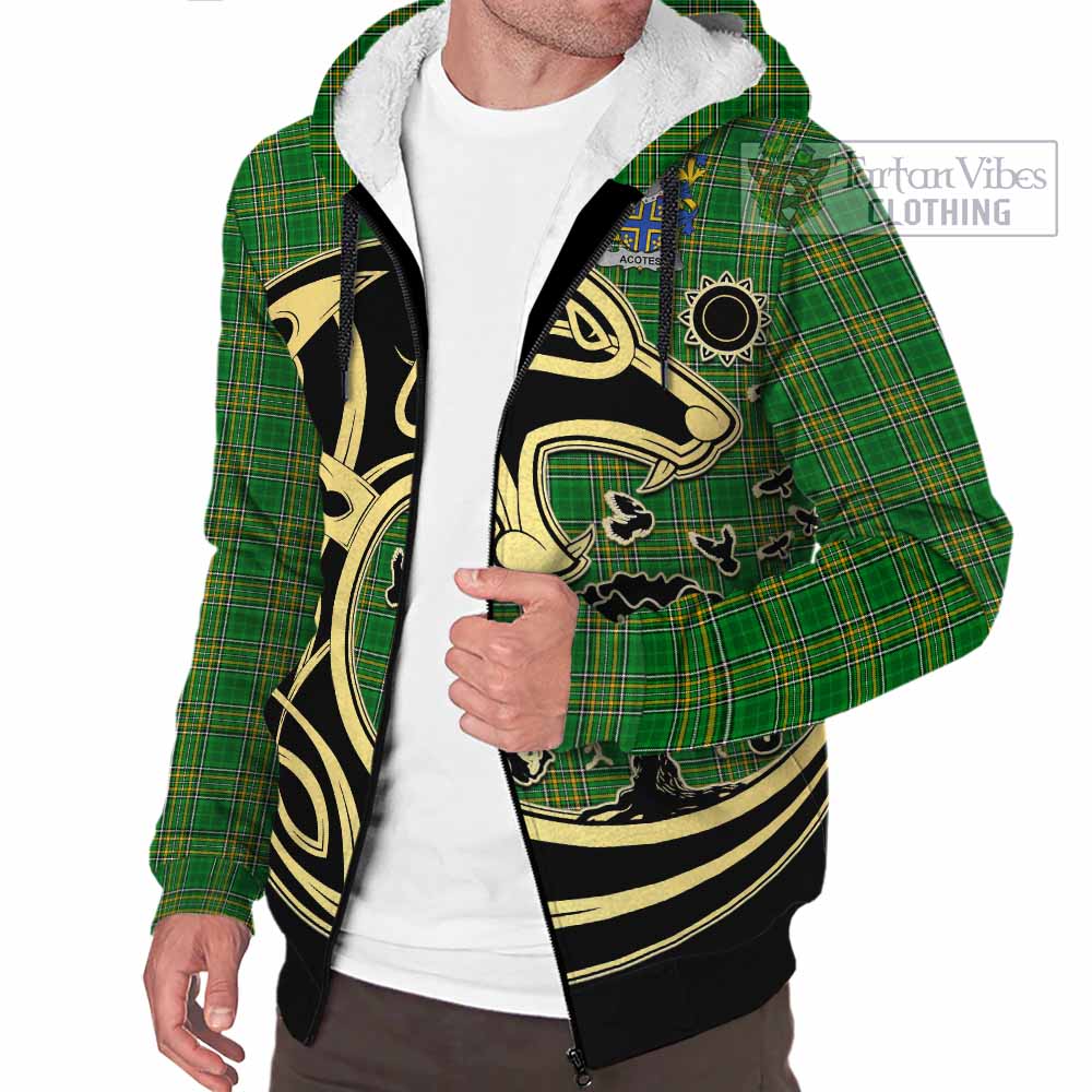 Tartan Vibes Clothing Acotes Irish Tartan Sherpa Hoodie with Coat of Arms Celtic Wolf Style