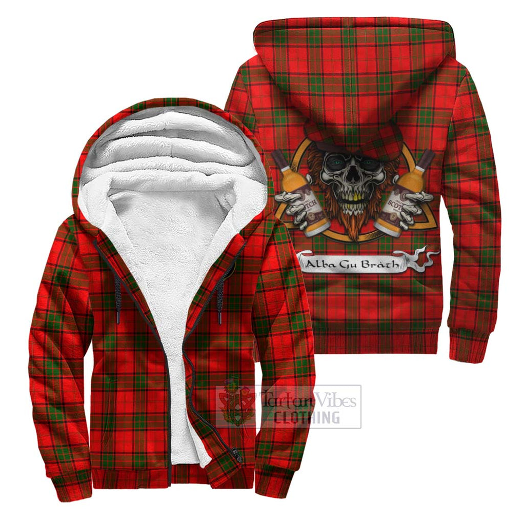 Tartan Vibes Clothing Adair Tartan Sherpa Hoodie with Family Crest and Bearded Skull Holding Bottles of Whiskey