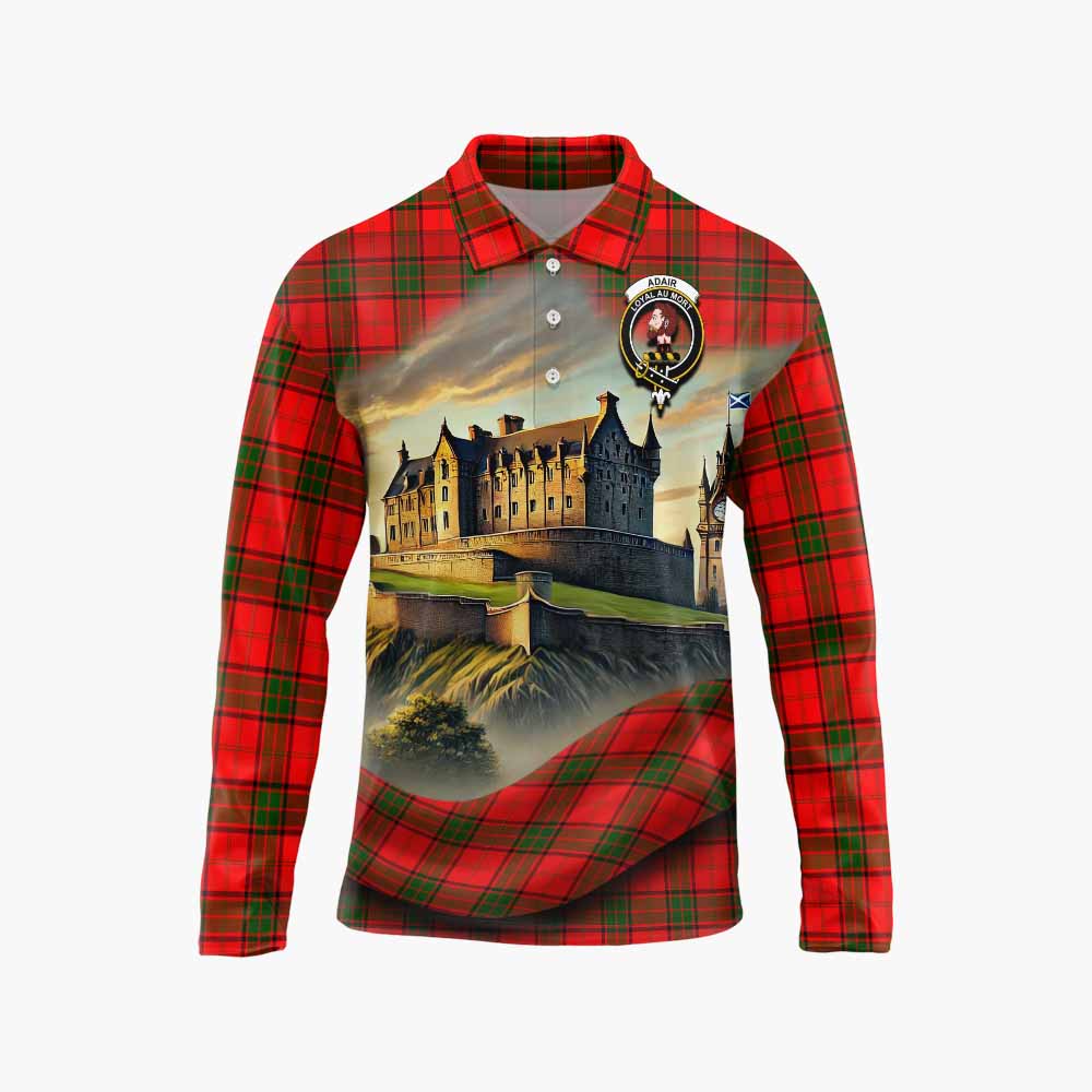 Tartan Vibes Clothing Adair Tartan Family Crest Long Sleeve Polo Shirt with Scottish Ancient Castle Style