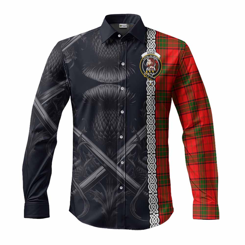 Tartan Vibes Clothing Adair Tartan Long Sleeve Button Shirt with Family Crest Cross Sword Thistle Celtic Vibes