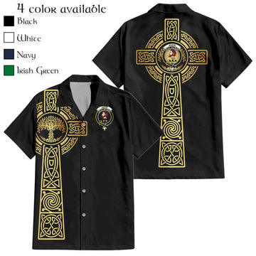 Adair Clan Mens Short Sleeve Button Up Shirt with Golden Celtic Tree Of Life