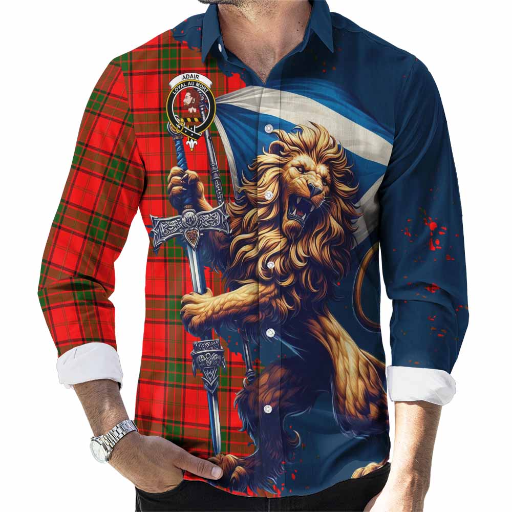 Tartan Vibes Clothing Adair Tartan Family Crest Long Sleeve Button Shirt with Scottish Majestic Lion