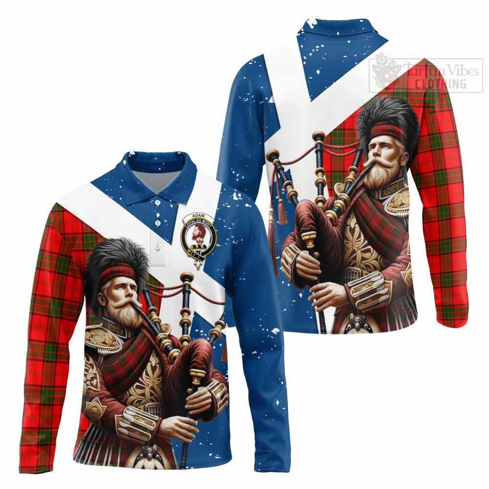 Tartan Vibes Clothing Adair Tartan Long Sleeve Polo Shirt with Family Crest Scottish Bagpiper Vibes