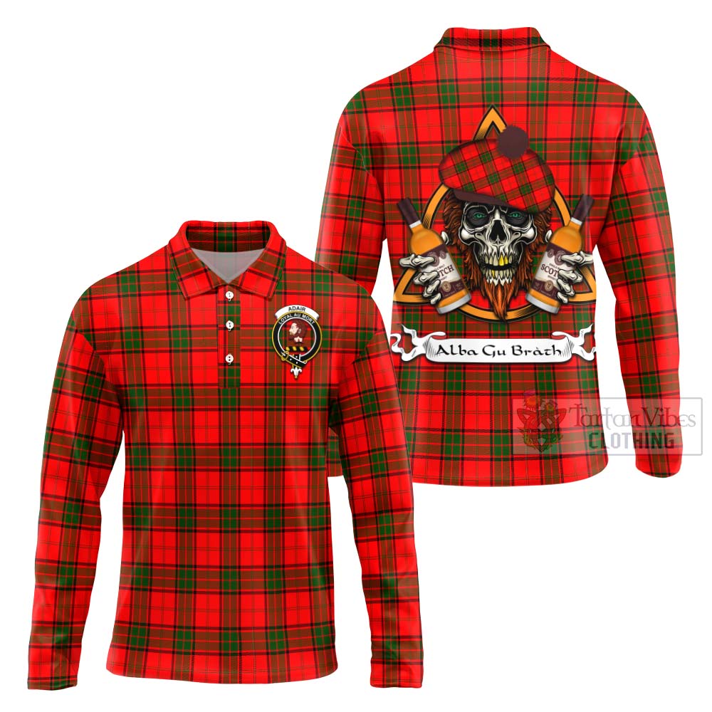 Tartan Vibes Clothing Adair Tartan Long Sleeve Polo Shirt with Family Crest and Bearded Skull Holding Bottles of Whiskey