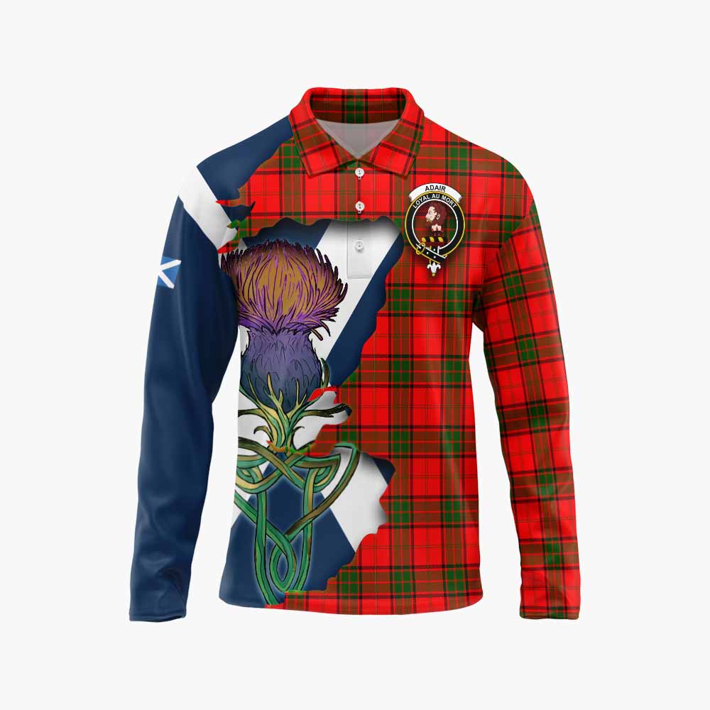 Tartan Vibes Clothing Adair Tartan Family Crest Long Sleeve Polo Shirt Scottish Thistle Celtic Inspired