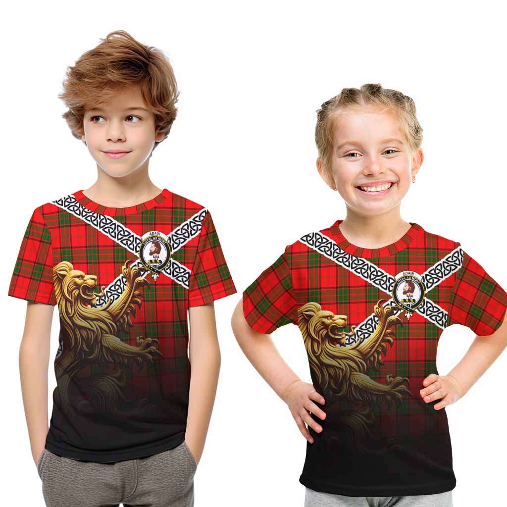 Tartan Vibes Clothing Adair Crest Tartan Kid T-Shirt with Golden Lion Emblem Celtic Style