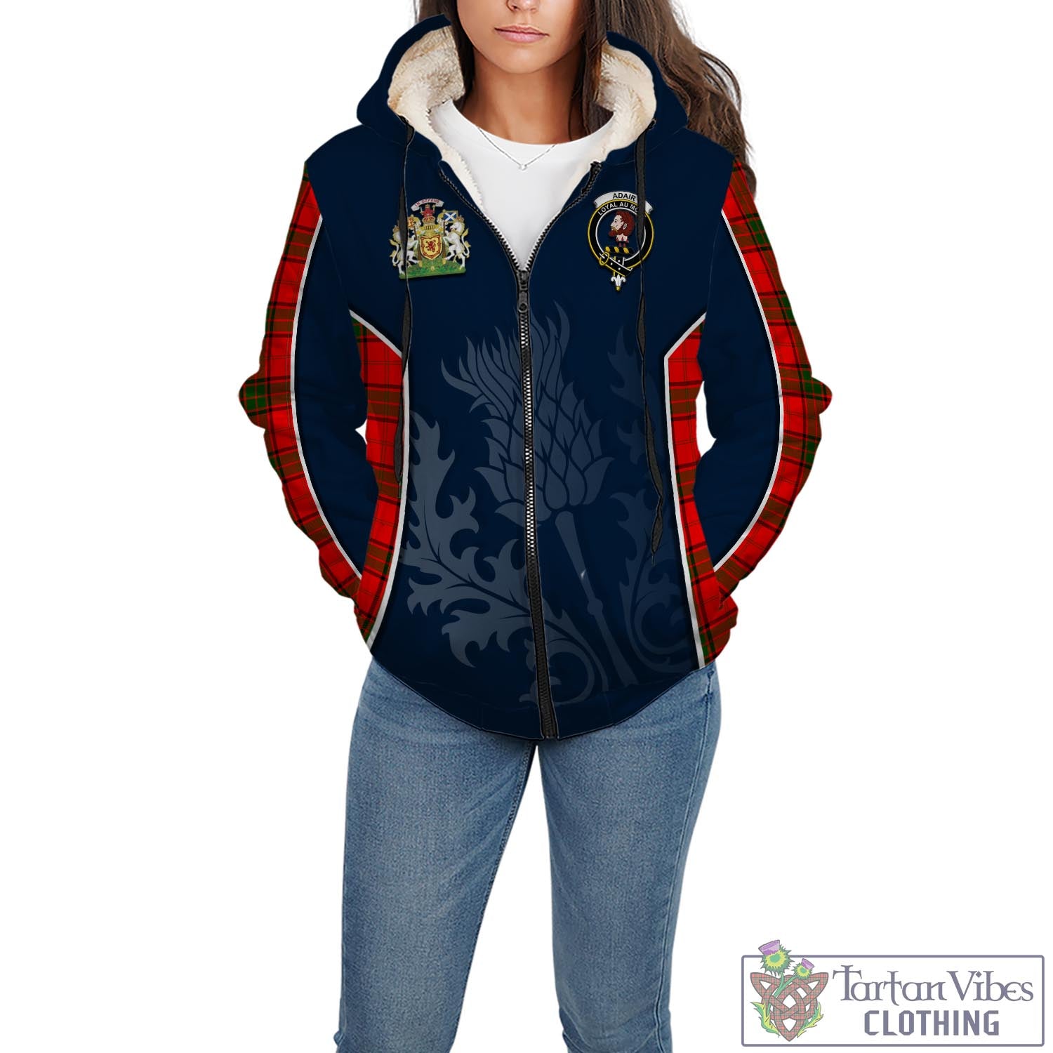 Tartan Vibes Clothing Adair Tartan Sherpa Hoodie with Family Crest and Scottish Thistle Vibes Sport Style
