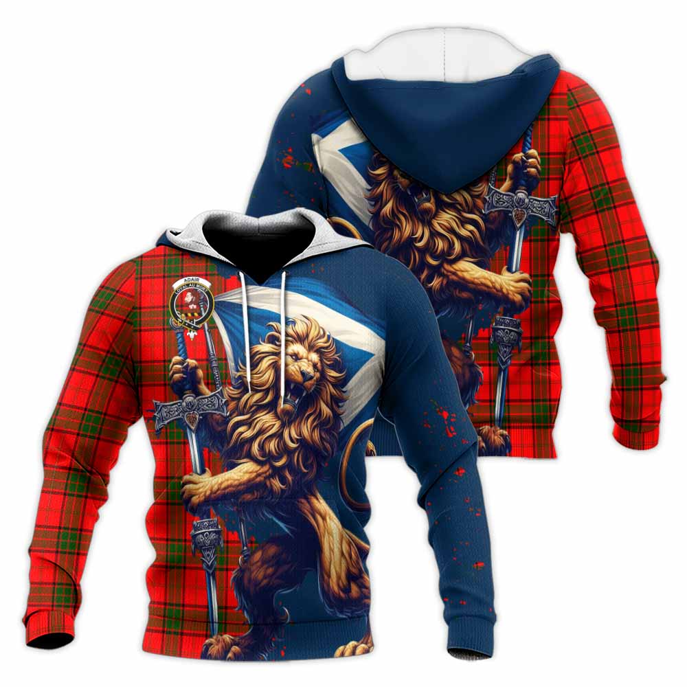Tartan Vibes Clothing Adair Tartan Family Crest Knitted Hoodie with Scottish Majestic Lion