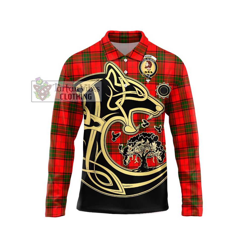 Adair Tartan Long Sleeve Polo Shirt with Family Crest Celtic Wolf Style Unisex - Tartanvibesclothing Shop