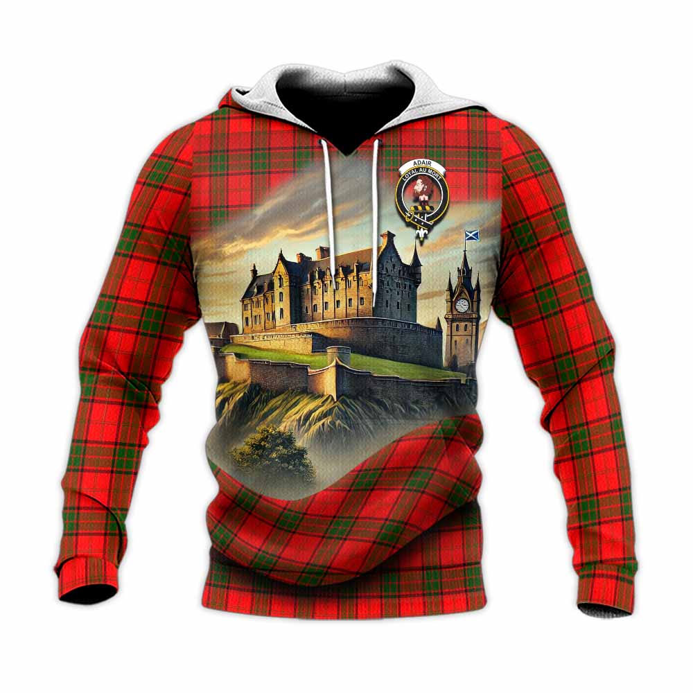 Tartan Vibes Clothing Adair Tartan Family Crest Knitted Hoodie with Scottish Ancient Castle Style