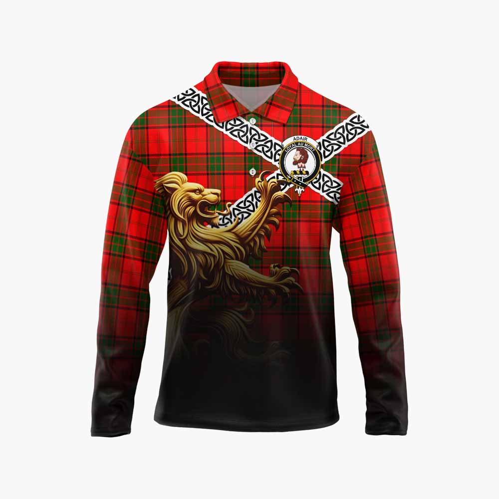 Tartan Vibes Clothing Adair Crest Tartan Long Sleeve Polo Shirt with Golden Lion Emblem Celtic Style