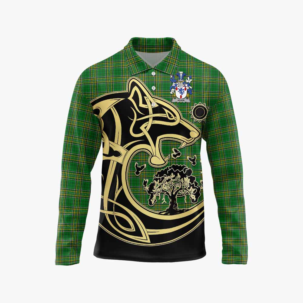Tartan Vibes Clothing Adair Irish Tartan Long Sleeve Polo Shirt with Coat of Arms Celtic Wolf Style