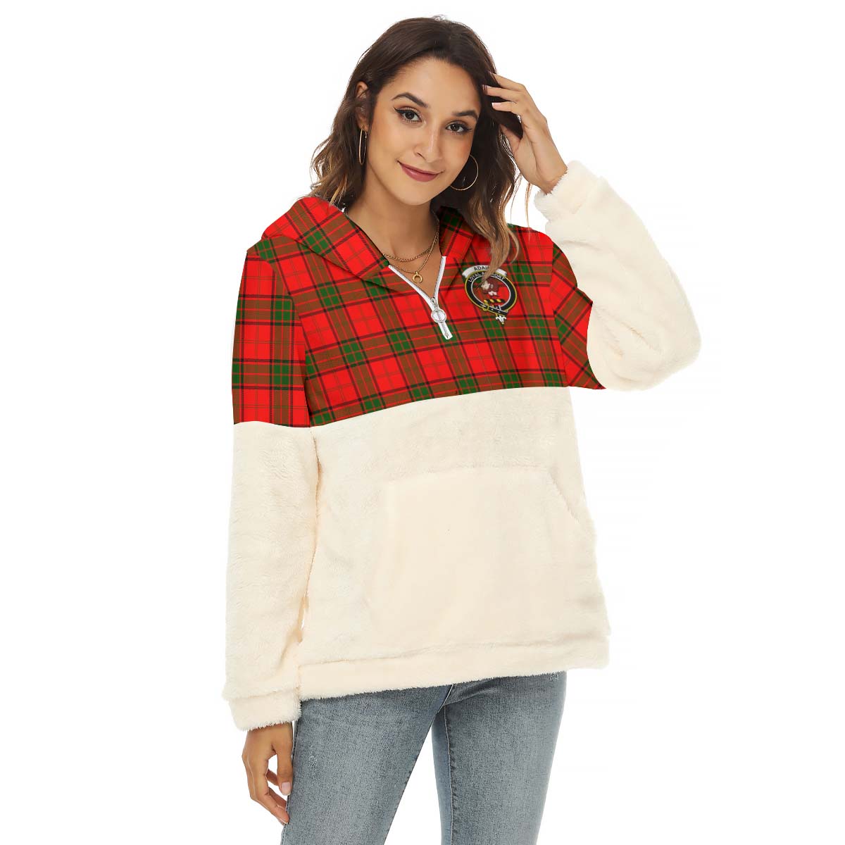 Adair Tartan Women's Borg Fleece Hoodie With Half Zip with Family Crest Female - Tartan Vibes Clothing