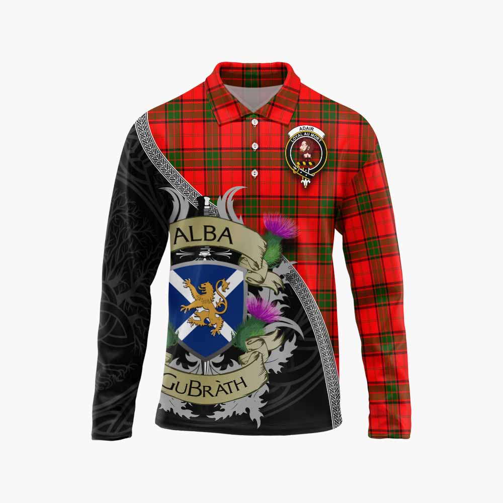 Tartan Vibes Clothing Adair Tartan Family Crest Long Sleeve Polo Shirt Lion Rampant Royal Thistle Shield Celtic Inspired
