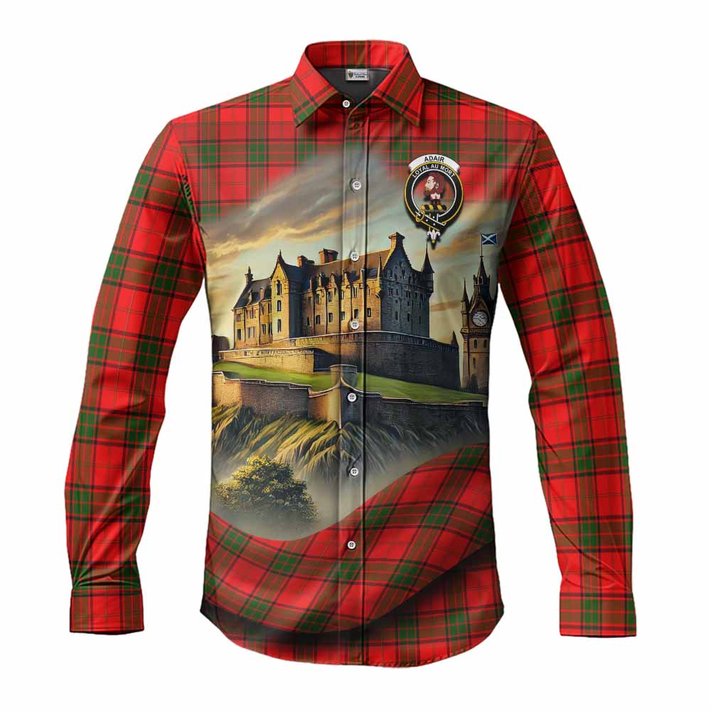Tartan Vibes Clothing Adair Tartan Family Crest Long Sleeve Button Shirt with Scottish Ancient Castle Style