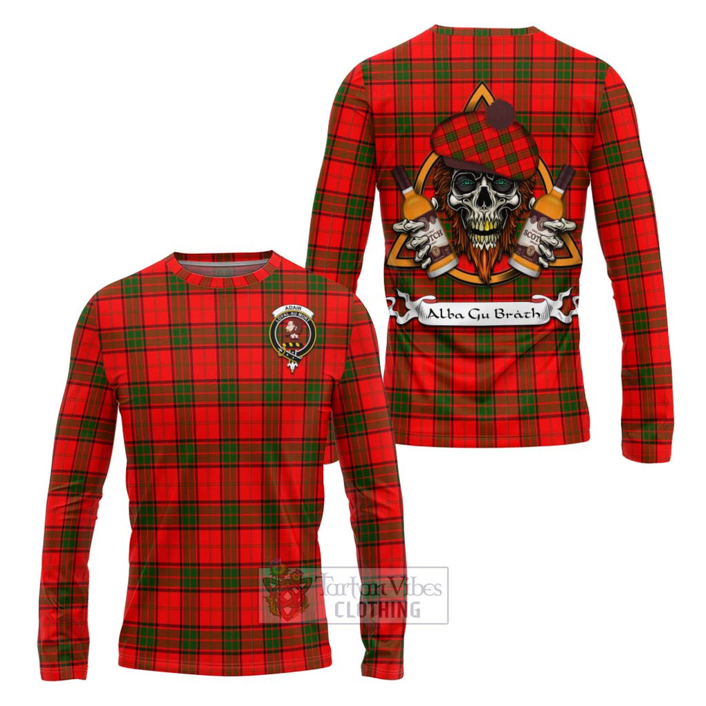Tartan Vibes Clothing Adair Tartan Long Sleeve T-Shirt with Family Crest and Bearded Skull Holding Bottles of Whiskey