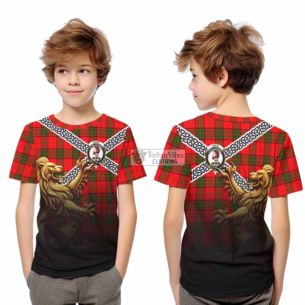 Tartan Vibes Clothing Adair Crest Tartan Kid T-Shirt with Golden Lion Emblem Celtic Style