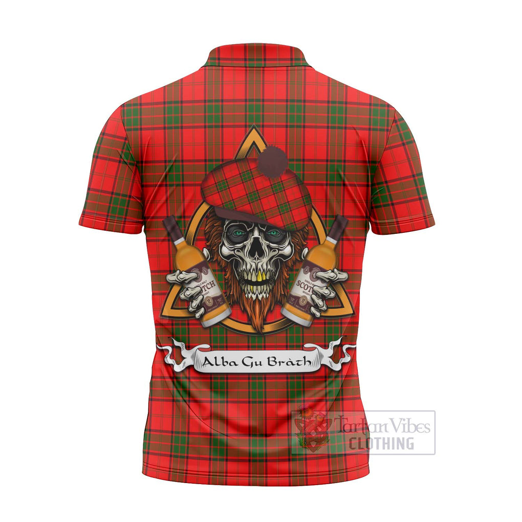 Tartan Vibes Clothing Adair Tartan Zipper Polo Shirt with Family Crest and Bearded Skull Holding Bottles of Whiskey