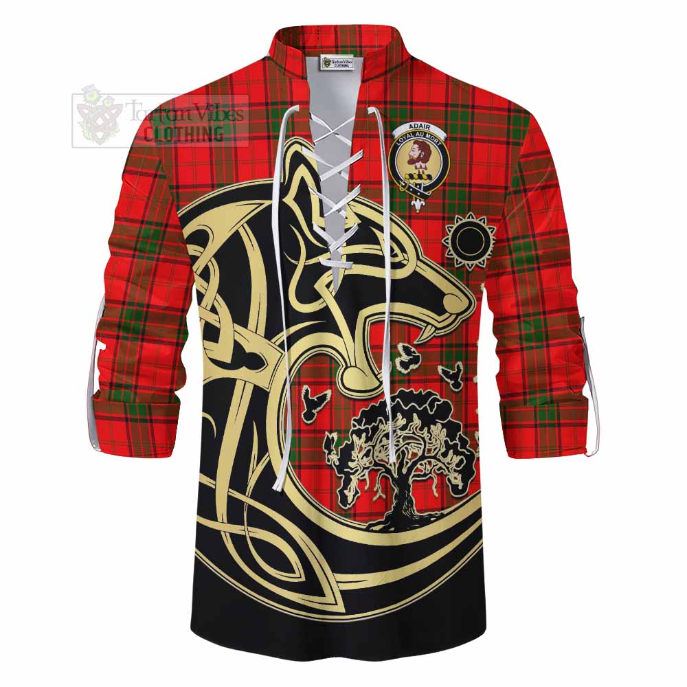 Tartan Vibes Clothing Adair Tartan Ghillie Kilt Shirt with Family Crest Celtic Wolf Style