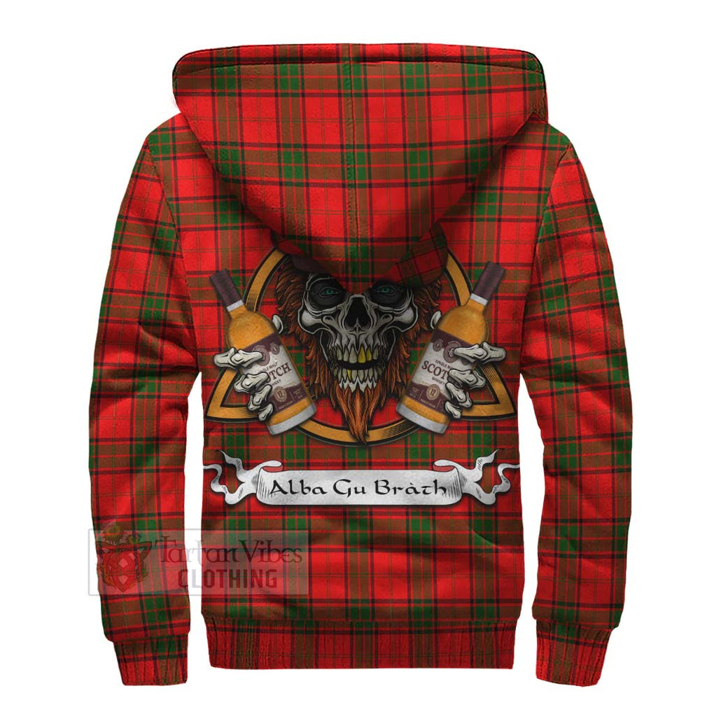 Tartan Vibes Clothing Adair Tartan Sherpa Hoodie with Family Crest and Bearded Skull Holding Bottles of Whiskey