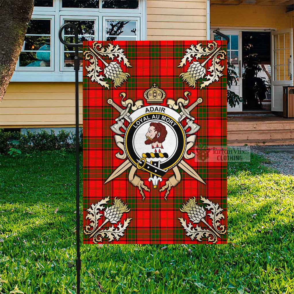 Tartan Vibes Clothing Adair Tartan Flag with Family Crest and Golden Thistle Crossed Sword Design