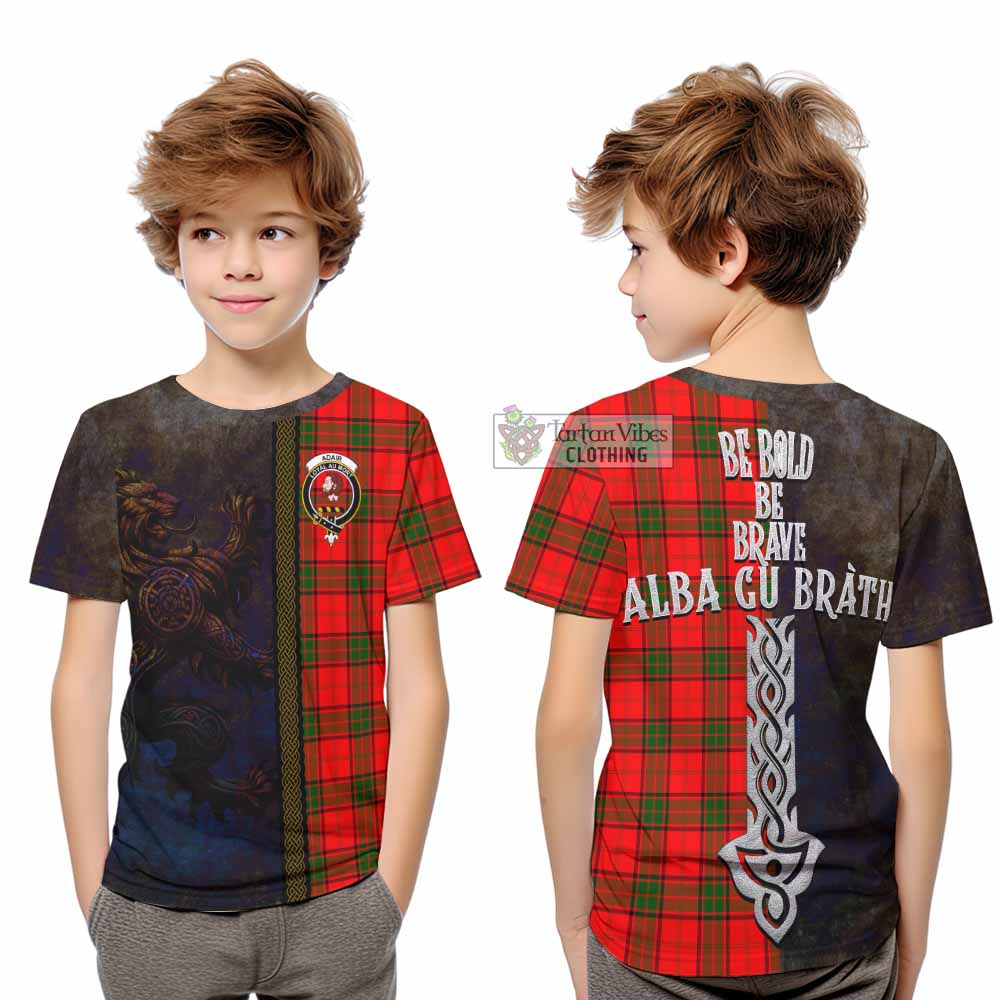 Tartan Vibes Clothing Adair Tartan Family Crest Kid T-Shirt Alba Gu Brath Be Brave Lion Ancient Style
