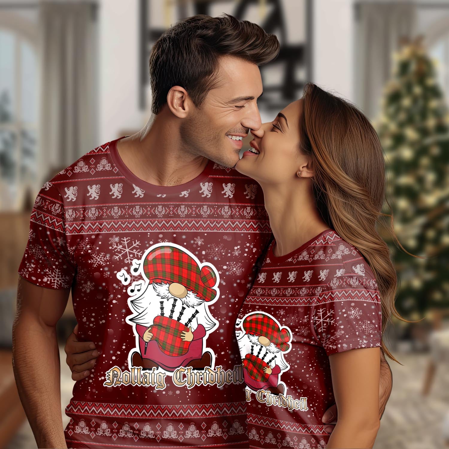 Adair Clan Christmas Family T-Shirt with Funny Gnome Playing Bagpipes Women's Shirt Red - Tartanvibesclothing