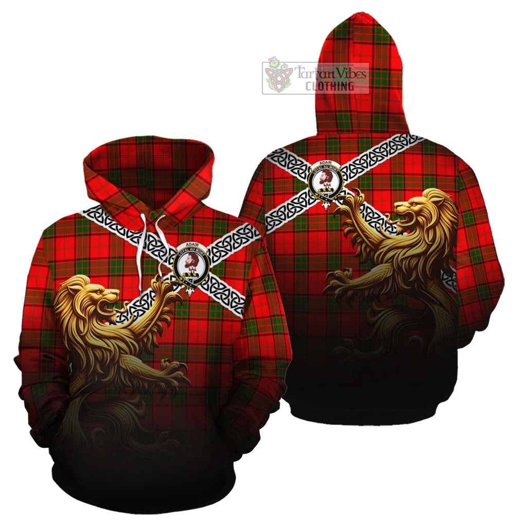 Tartan Vibes Clothing Adair Crest Tartan Cotton Hoodie with Golden Lion Emblem Celtic Style