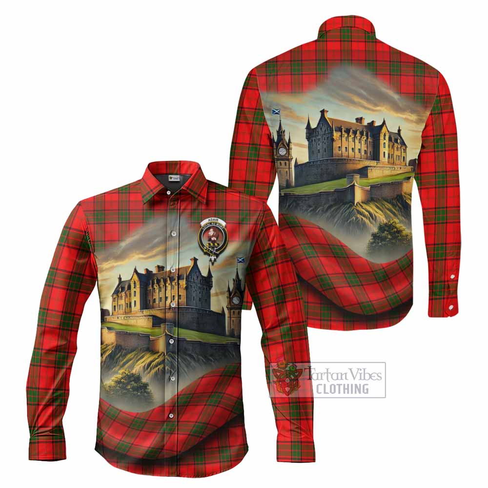 Tartan Vibes Clothing Adair Tartan Family Crest Long Sleeve Button Shirt with Scottish Ancient Castle Style