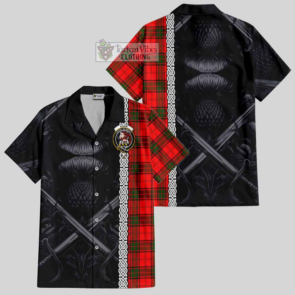 Tartan Vibes Clothing Adair Tartan Short Sleeve Button Shirt with Family Crest Cross Sword Thistle Celtic Vibes
