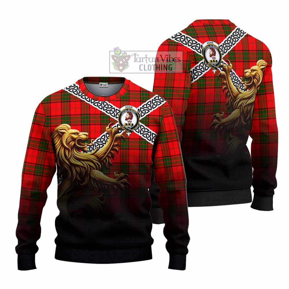 Tartan Vibes Clothing Adair Crest Tartan Knitted Sweater with Golden Lion Emblem Celtic Style