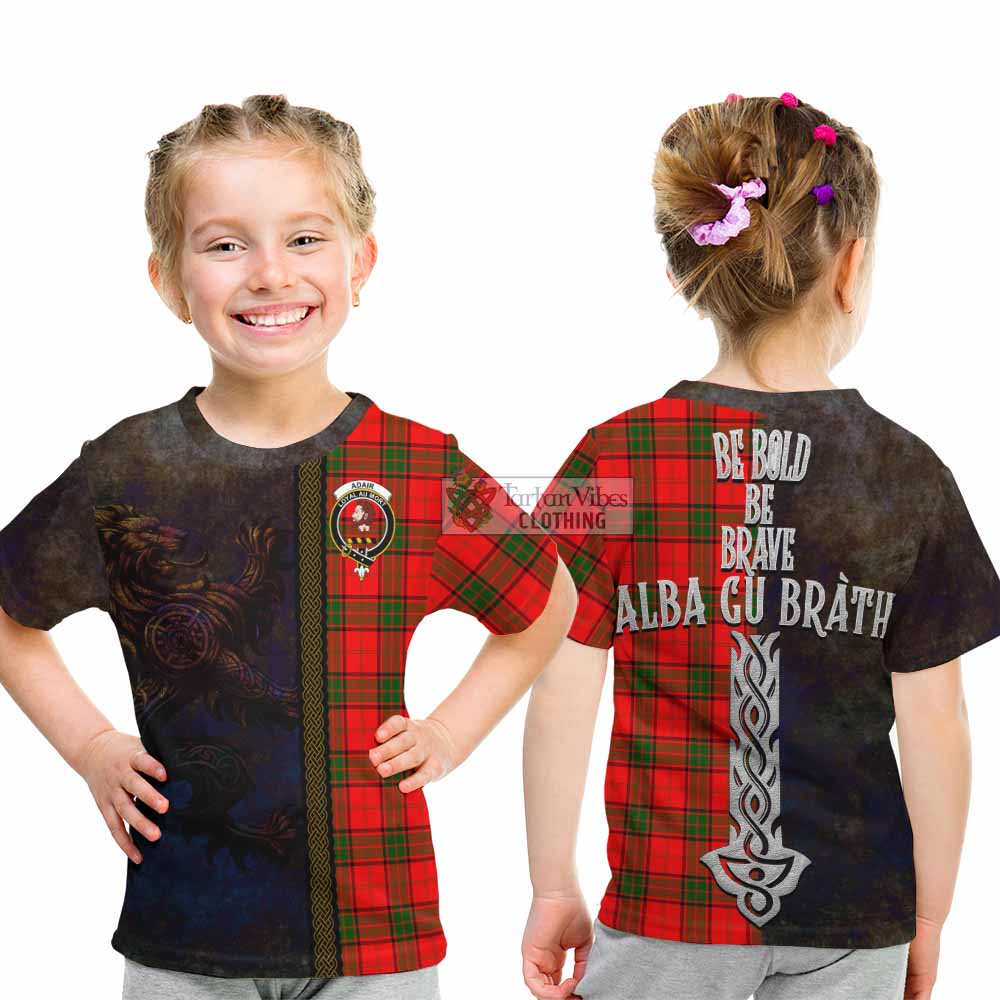 Tartan Vibes Clothing Adair Tartan Family Crest Kid T-Shirt Alba Gu Brath Be Brave Lion Ancient Style