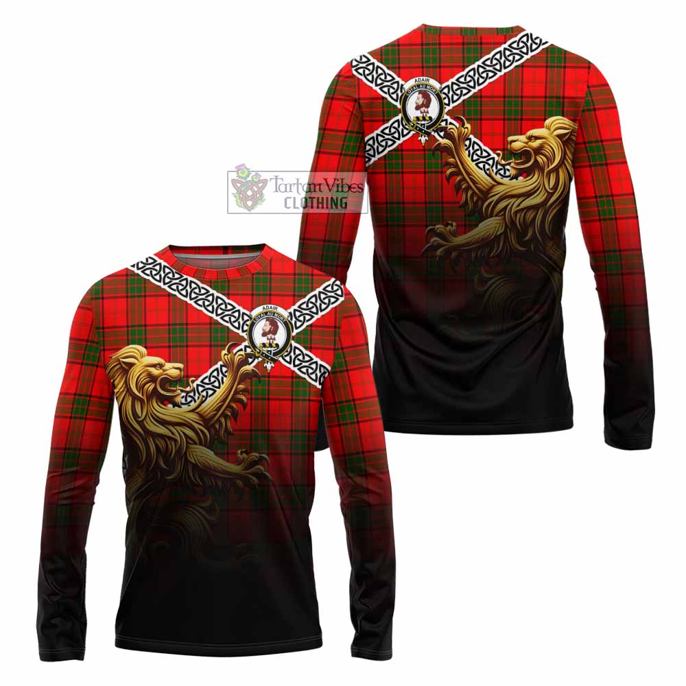 Tartan Vibes Clothing Adair Crest Tartan Long Sleeve T-Shirt with Golden Lion Emblem Celtic Style