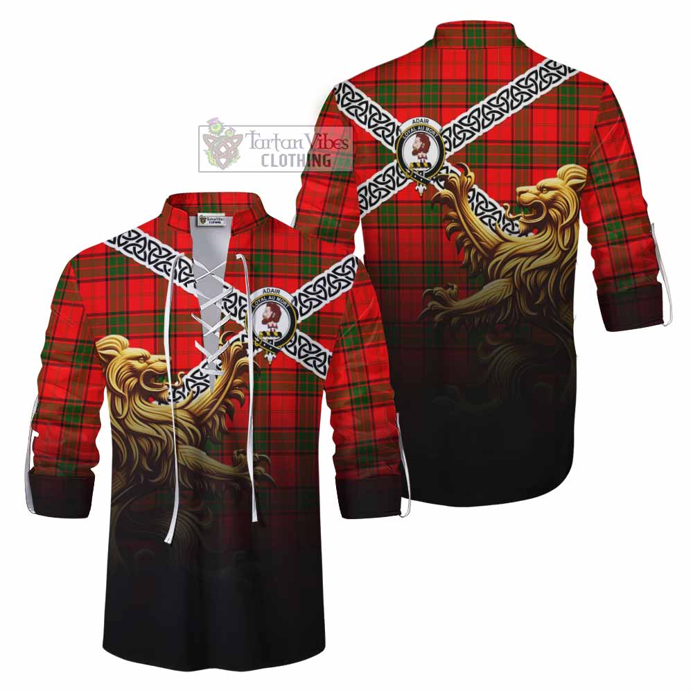 Tartan Vibes Clothing Adair Crest Tartan Ghillie Kilt Shirt with Golden Lion Emblem Celtic Style