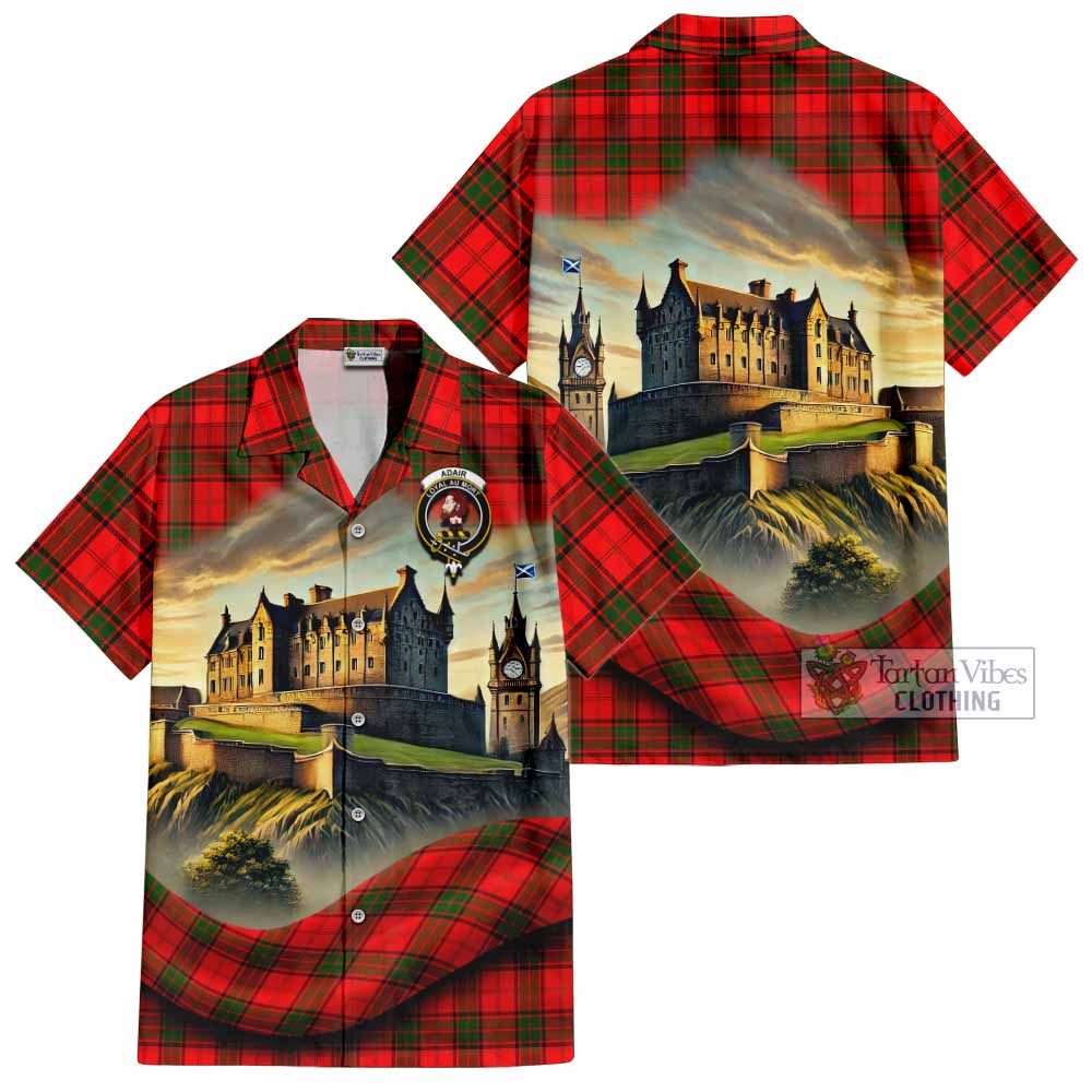 Tartan Vibes Clothing Adair Tartan Family Crest Short Sleeve Button Shirt with Scottish Ancient Castle Style