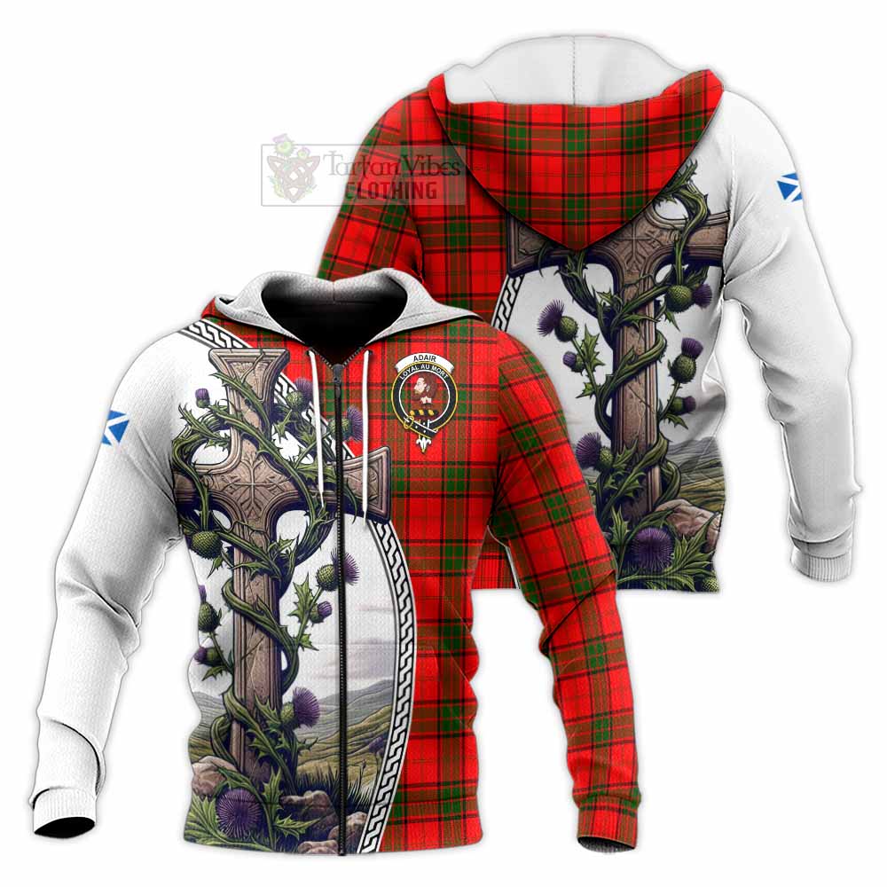 Tartan Vibes Clothing Adair Tartan Knitted Hoodie with Family Crest and St. Andrew's Cross Accented by Thistle Vines