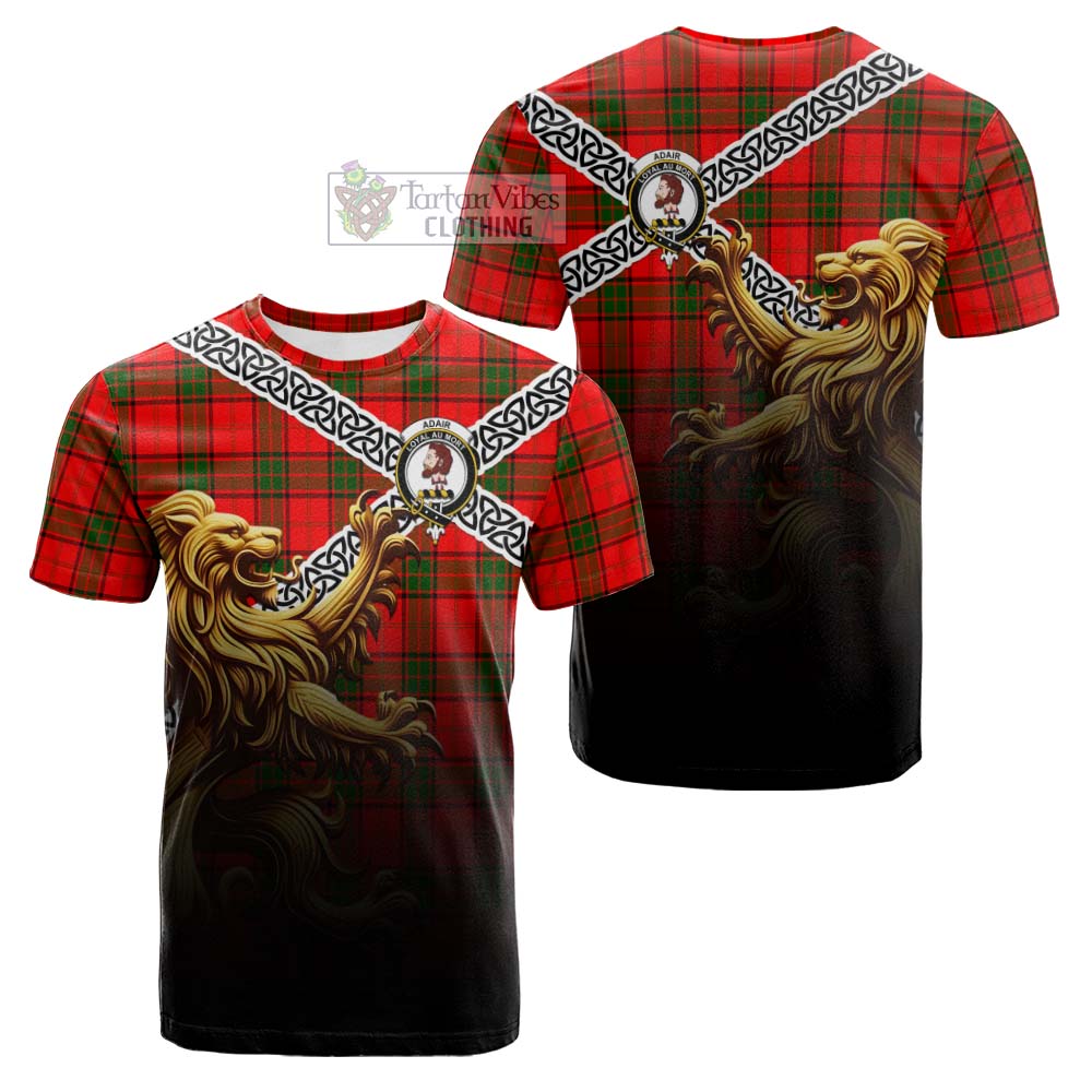 Tartan Vibes Clothing Adair Crest Tartan Cotton T-shirt with Golden Lion Emblem Celtic Style