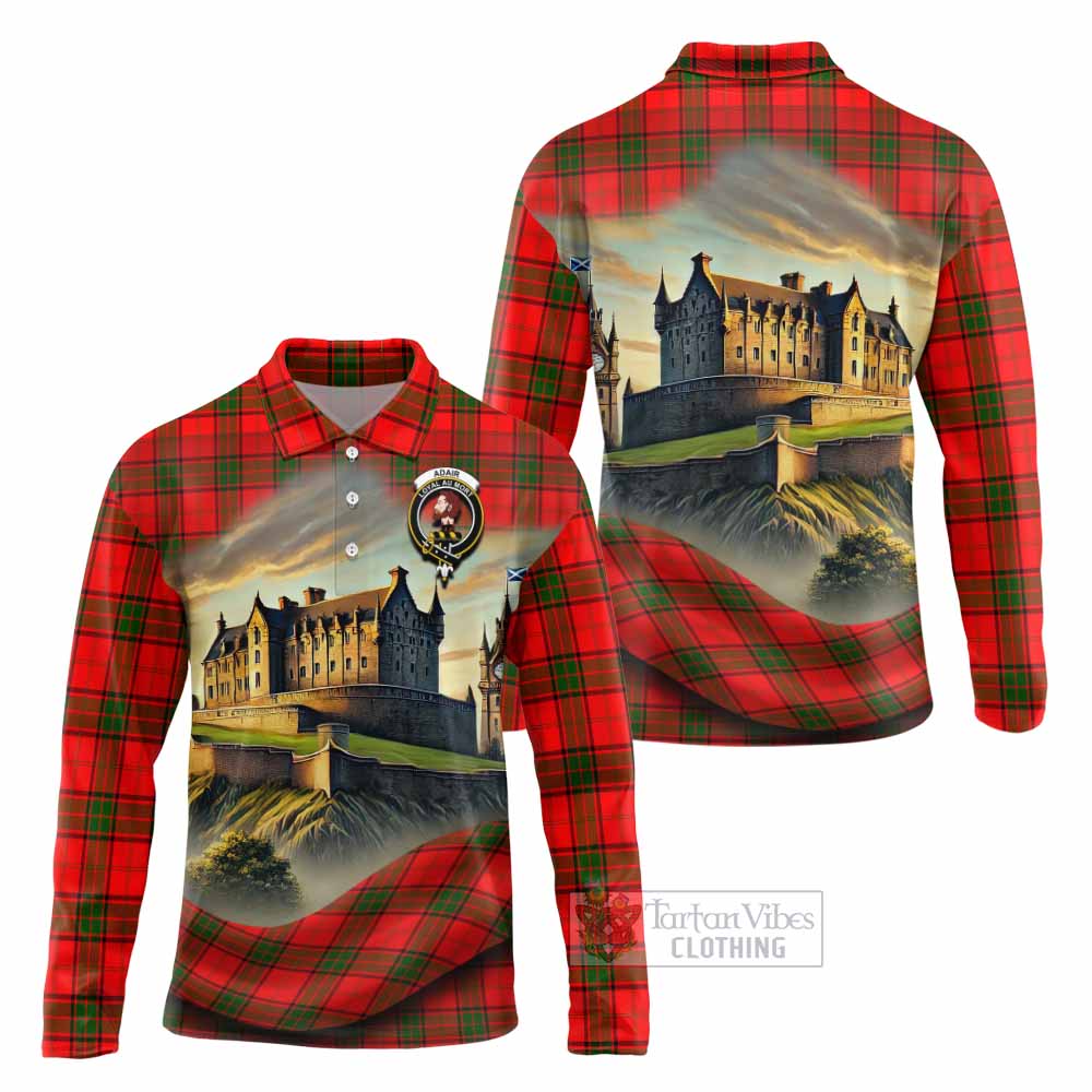 Tartan Vibes Clothing Adair Tartan Family Crest Long Sleeve Polo Shirt with Scottish Ancient Castle Style