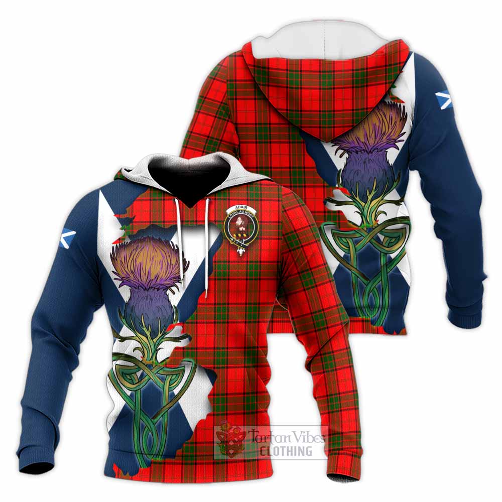 Tartan Vibes Clothing Adair Tartan Family Crest Knitted Hoodie Scottish Thistle Celtic Inspired