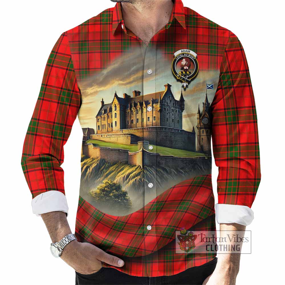 Tartan Vibes Clothing Adair Tartan Family Crest Long Sleeve Button Shirt with Scottish Ancient Castle Style