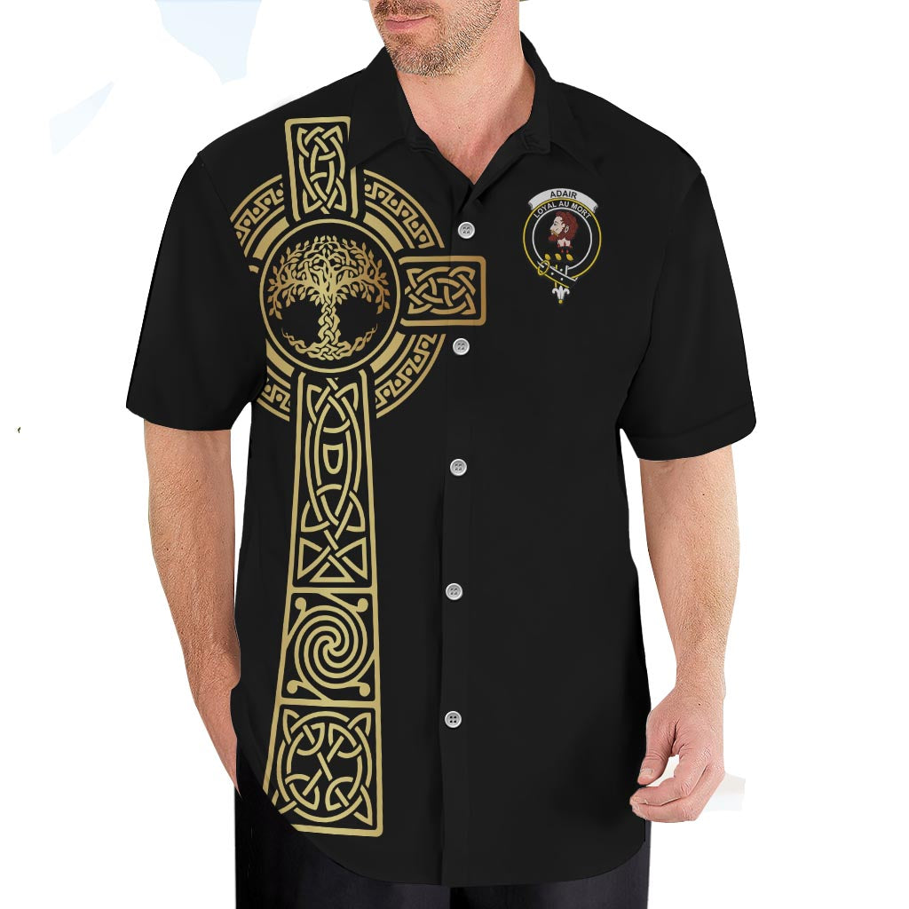 Adair Clan Mens Short Sleeve Button Up Shirt with Golden Celtic Tree Of Life - Tartanvibesclothing