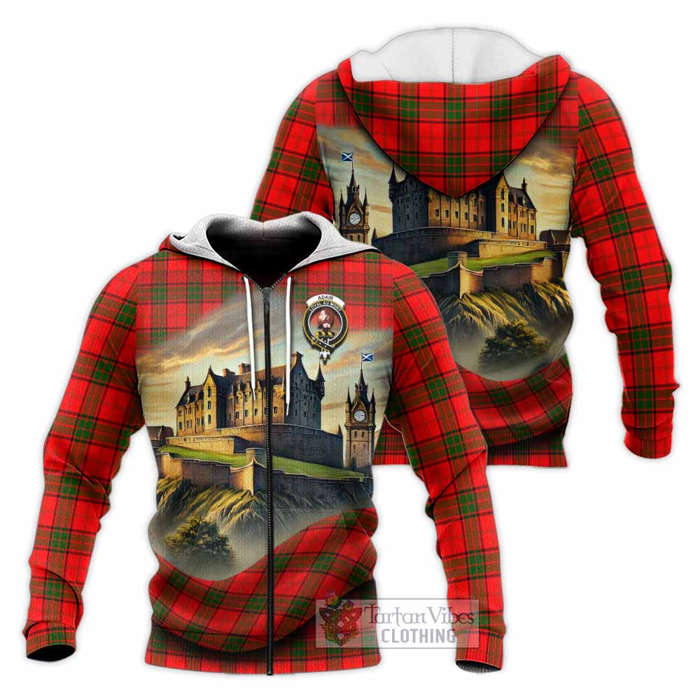 Tartan Vibes Clothing Adair Tartan Family Crest Knitted Hoodie with Scottish Ancient Castle Style
