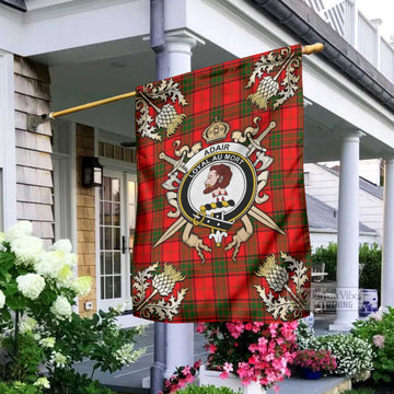 Adair Tartan Garden Flag with Family Crest and Golden Thistle Crossed Sword Design
